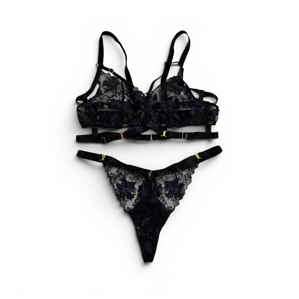 Bordelle Vita Bra Medium Thong SS Set Black Navy Gold Hardware - Picture 3 of 6